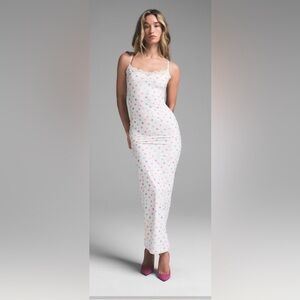 SKIMS White Lounge Dress with Colorful Heart Pattern